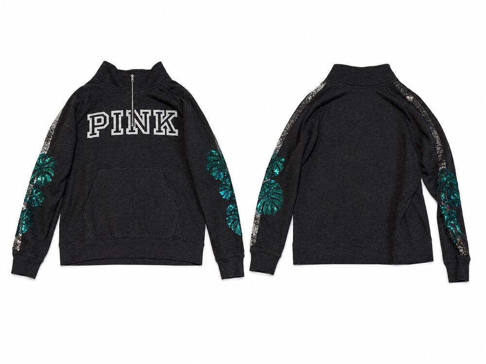 PINK Victoria’s Secret Quarter Zip Sweatshirt Gray Sequin Monstera Pullover S